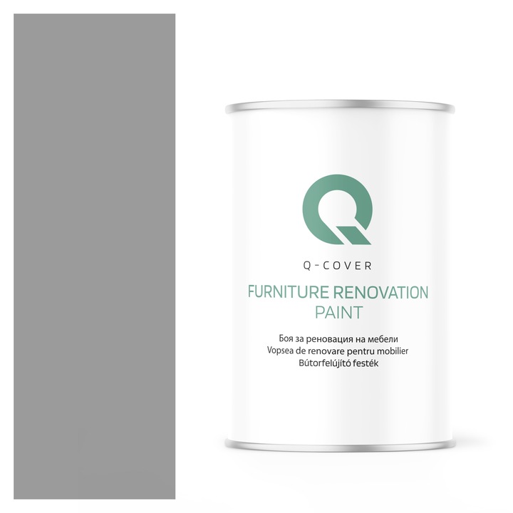Vopsea de renovare pentru mobilier, Q-Cover, Gri de semnalizare RAL7004, luciu ridicat, pentru interior si exterior, Uscare rapida, Rezistent la UV, Fara substante toxice, Pe baza de apa, rezistenta la grasime, murdarie si substante alimentare, 1L