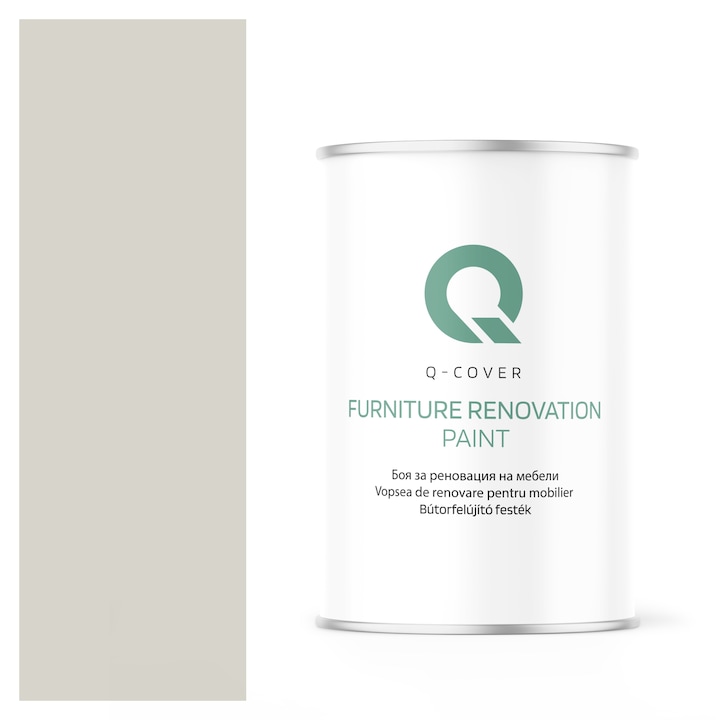 Vopsea de renovare pentru mobilier, Q-Cover, Alb si gri RAL9002, semi-mat, pentru interior si exterior, Uscare rapida, Rezistent la UV, Fara substante toxice, Pe baza de apa, rezistenta la grasime, murdarie si substante alimentare, 1L