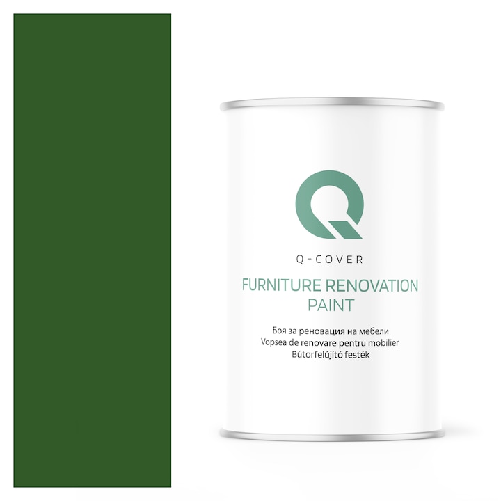 Vopsea de renovare pentru mobilier, Q-Cover, Verde frunza RAL6002, mat, pentru interior si exterior, Uscare rapida, Rezistent la UV, Fara substante toxice, Pe baza de apa, rezistenta la grasime, murdarie si substante alimentare, 1L