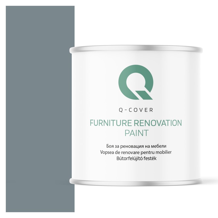 Vopsea de renovare pentru mobilier, Q-Cover, Gri veverita RAL7000, satin, pentru interior si exterior, Uscare rapida, Rezistent la UV, Fara substante toxice, Pe baza de apa, rezistenta la grasime, murdarie si substante alimentare, 2.5L