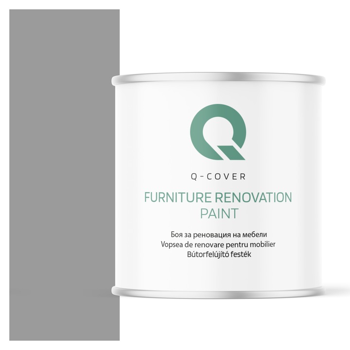 Vopsea de renovare pentru mobilier, Q-Cover, Gri de semnalizare RAL7004, semi-mat, pentru interior si exterior, Uscare rapida, Rezistent la UV, Fara substante toxice, Pe baza de apa, rezistenta la grasime, murdarie si substante alimentare, 2.5L