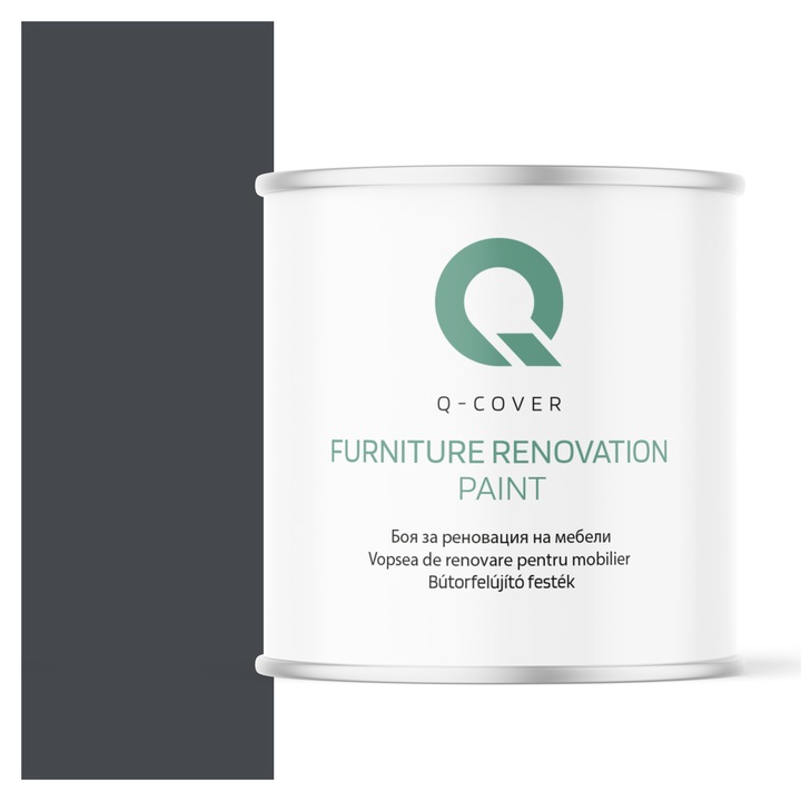 Vopsea de renovare pentru mobilier, Q-Cover, Grafit RAL7024, semi-mat, pentru interior si exterior, Uscare rapida, Rezistent la UV, Fara substante toxice, Pe baza de apa, rezistenta la grasime, murdarie si substante alimentare, 2.5L