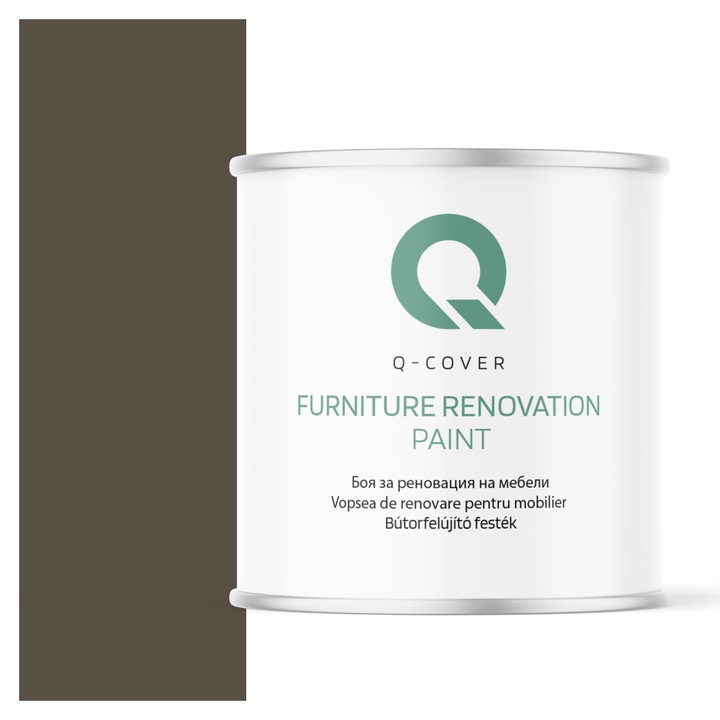 Vopsea de renovare pentru mobilier, Q-Cover, Gri-maro RAL7013, mat, pentru interior si exterior, Uscare rapida, Rezistent la UV, Fara substante toxice, Pe baza de apa, rezistenta la grasime, murdarie si substante alimentare, 2.5L