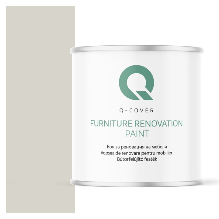 Vopsea de renovare pentru mobilier, Q-Cover, Alb si gri RAL9002, satin, pentru interior si exterior, Uscare rapida, Rezistent la UV, Fara substante toxice, Pe baza de apa, rezistenta la grasime, murdarie si substante alimentare, 2.5L