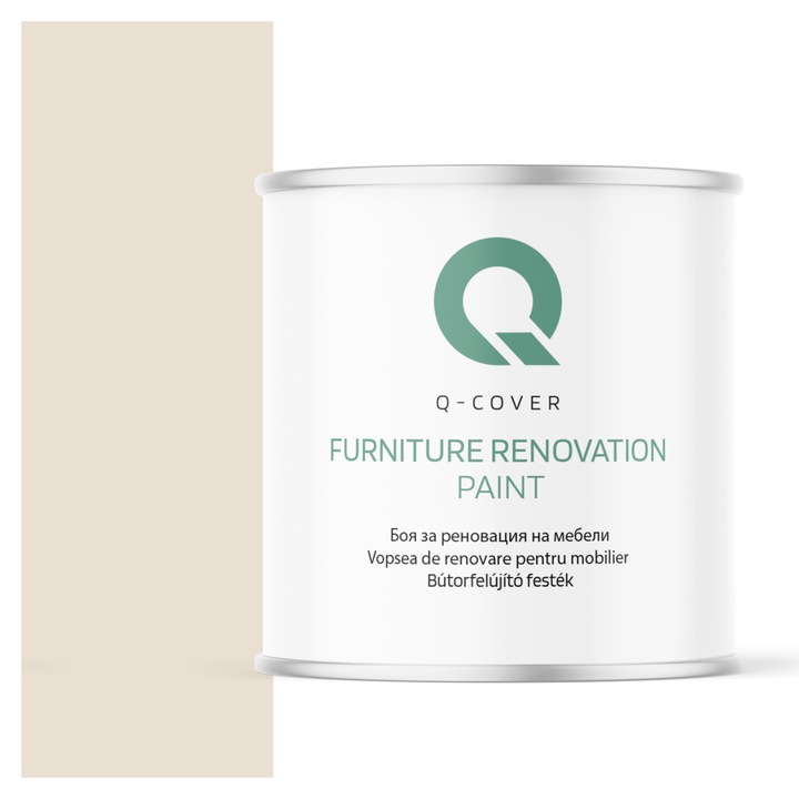 Vopsea de renovare pentru mobilier, Q-Cover, Crem RAL9001, semi-mat, pentru interior si exterior, Uscare rapida, Rezistent la UV, Fara substante toxice, Pe baza de apa, rezistenta la grasime, murdarie si substante alimentare, 2.5L