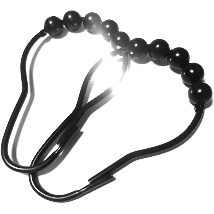 Carlige pentru perdea de dus ZYBLSSBB LSM2xh12094-BCS0073431 cu bile rulante, inox rezistent la rugina, negru, set 12 buc