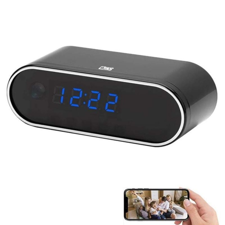 Camera Spion WI-FI Ascunsa In Ceas Desteptator SIKS, Functie Detectare Miscare, Rezolutie 1080P, 25 Cadre Pe Secunda, Tehnologie DVR Wi-Fi IP, Autonomie Mare, Unghi De Vizualizare 150°, Conectare Aplicatie Telefon, Slot Card, Negru