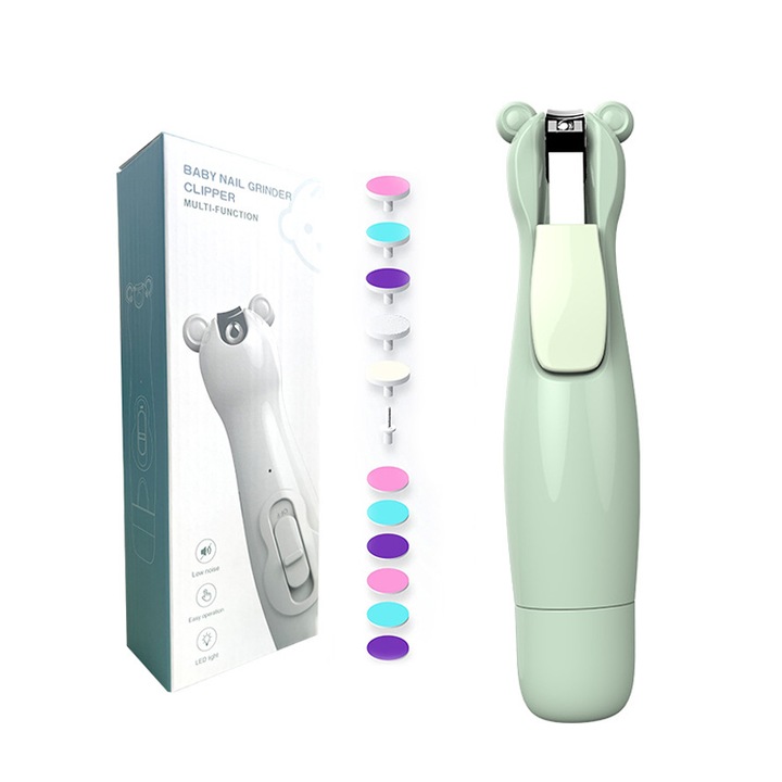 Professzionális baba körömreszelő, Rqiurpn, Elektromos, körömvágóval, 6 mellékelt fejjel, LED világítással, USB töltéssel, csendes, körömvágó olló, zöld