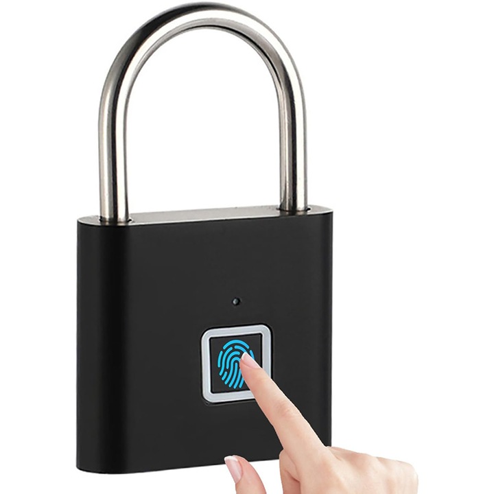 Катинар с пръстов отпечатък, Rqiurpn, без ключ, поддържа до 20 отпечатъка, зареждане с micro-USB, вградена батерия 3.7 V, черен, 76x46mm