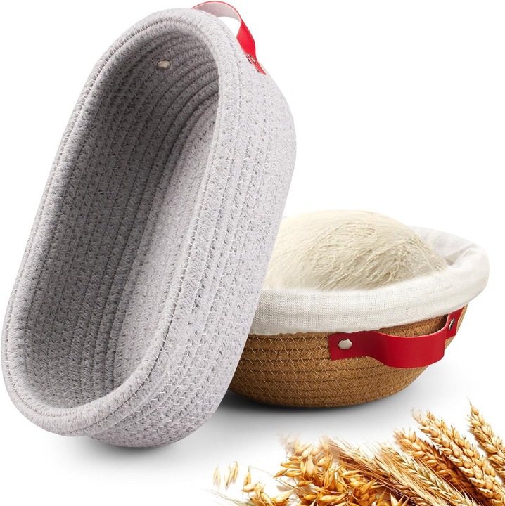 Cos de fermentare a painii Rarcimitee-Set de cos oval si rotund din bumbac Cos de fermentare a aluatului acrit Casa rotunda de fermentare Cos si captusura de rattan manual