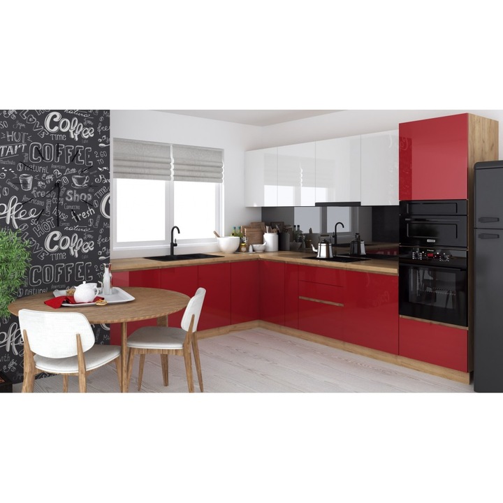 Bucatarie colt Chelsea V2 Alb Rosu Stejar K003 221/300x60x200 cm