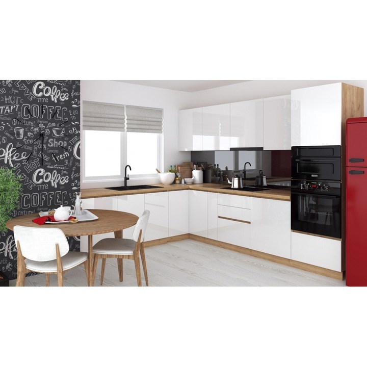 Set mobilă bucătărie Chelsea V2, Alb/Stejar K003, 221x300x60x200cm