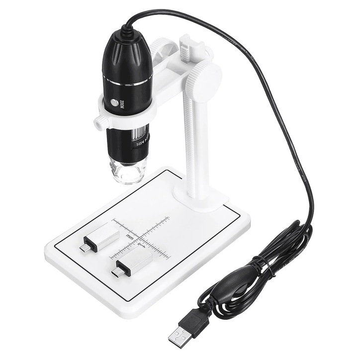 USB digitális mikroszkóp 1600X, 8 LED, hordozható, állvánnyal, fehér