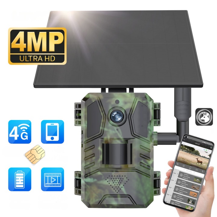 Camera de Vanatoare cu Panou Solar KLASTEP, Slot SIM, Viziune Nocturna cu LED Infrarosu, IP66 Rezistenta la Apa, Senzor Miscare, Detectie 95°, Slot Stocare Card, Camera Supraveghere pentru Vanatoare, Observatie Fauna, Securitate, Camuflaj Mat