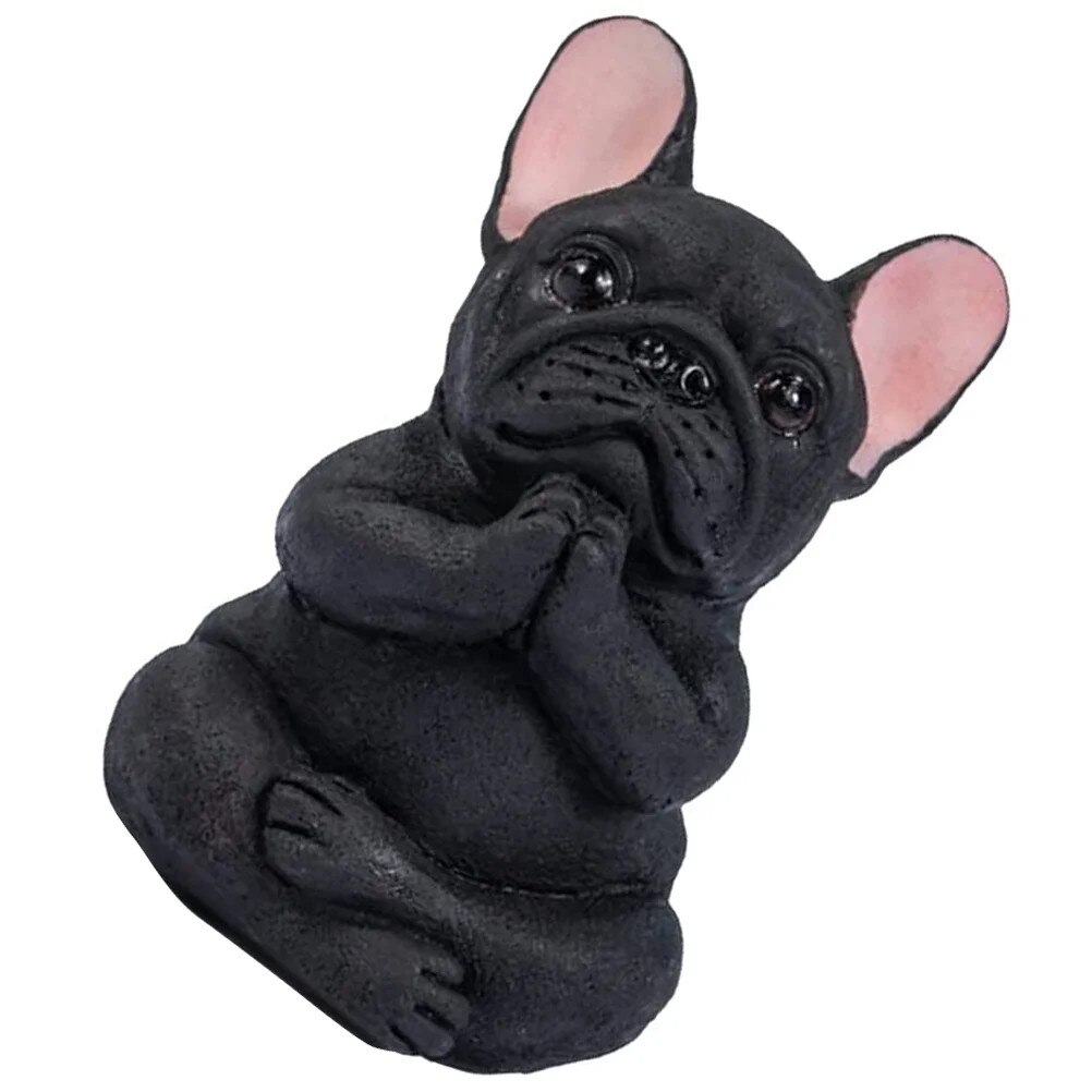 Statuetă Bulldog Francez din rasină, poziție de yoga, neagră