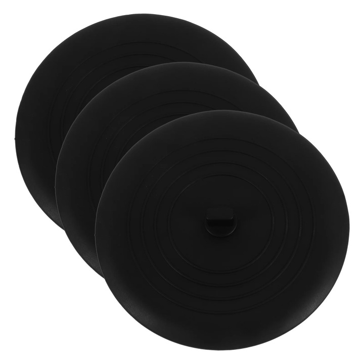 Комплект от 3 силиконови тапи за източване, черни, 15.20x15.20x1.00 см, за мивка и вана