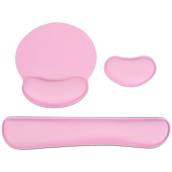 Set mouse pad si suport incheietura YANYXR BCS3242345, ergonomic din spuma si bumbac, roz, include mouse pad 25x23x2 cm, suport tastatura 44x7x2 cm si suport mouse 14x8x2 cm