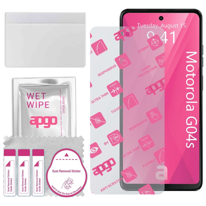 apgo защитно стъкло за Motorola Moto G04s – хибридно стъкло, протектор за екран, гланцово, гъвкаво хибридно стъкло, пълно лепене