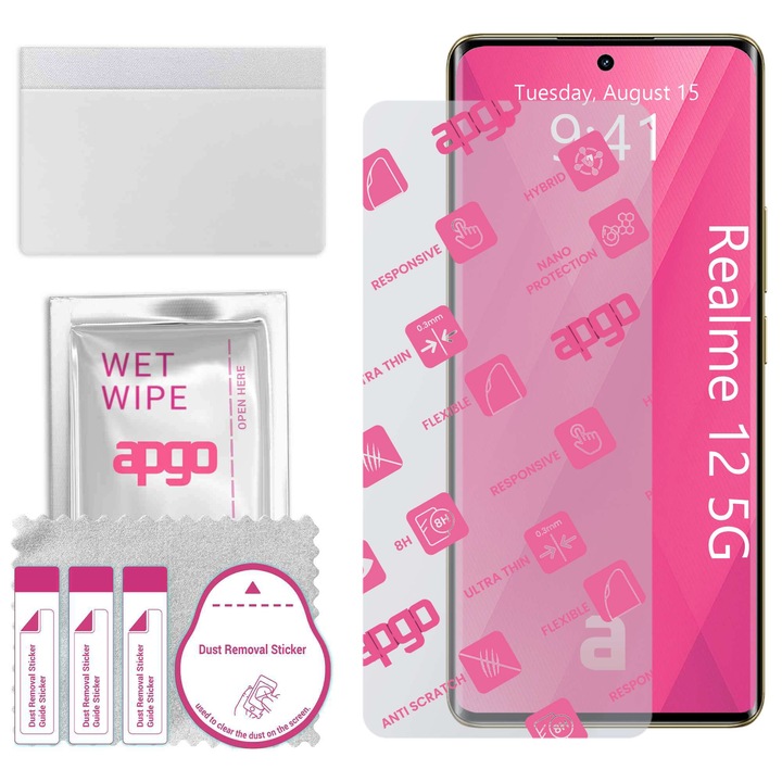 Apgo защитно стъкло за Realme 12 5G - хибридно стъкло, протектор за екран, гланцово, гъвкаво хибридно стъкло, пълно лепене