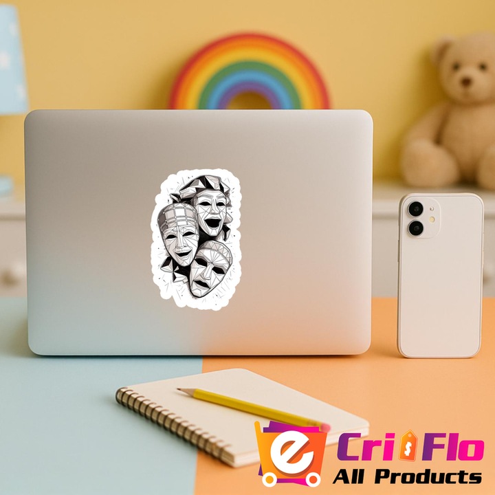 Sticker Masti Teatru Alb Negru Abstract, Autoadeziv, Cri-Flo, Marime 6 cm