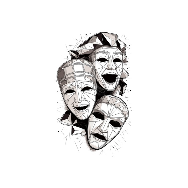 Sticker Masti Teatru Alb Negru Abstract, Autoadeziv, Cri-Flo, Marime 6 cm