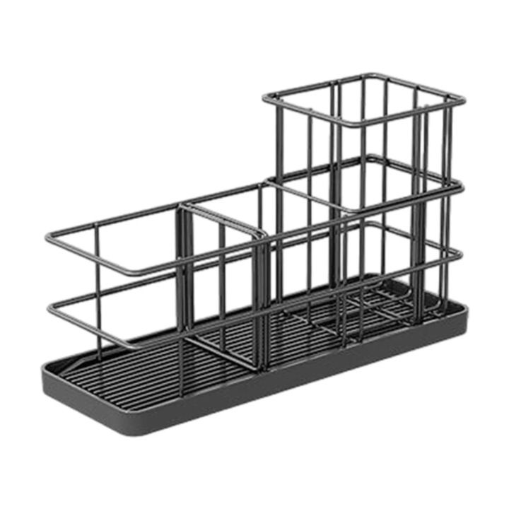 Държач за гъба за мивка, дренажна решетка от неръждаема стомана, държач за сапун, с черна тава, дизайн без пробиване, компактни размери