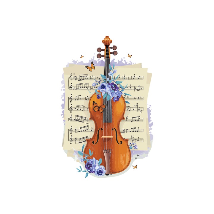 Sticker Vioara Cu Note Muzicale Vintage, Autoadeziv, Cri-Flo, Marime 6 cm