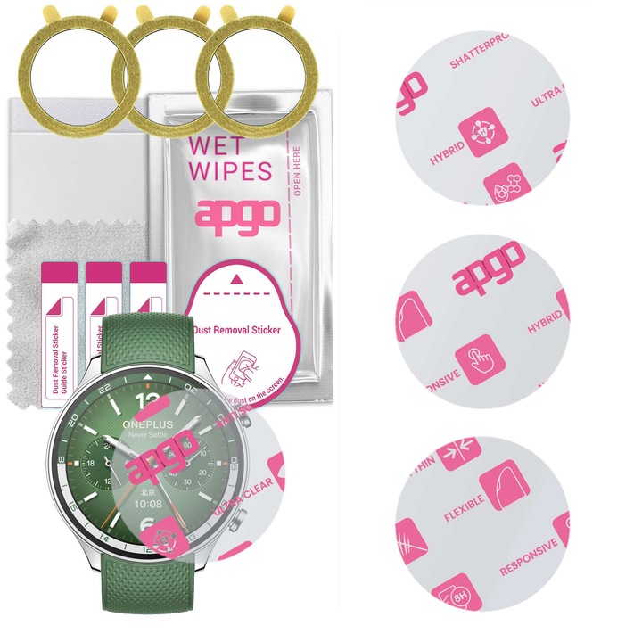 Set de 3 sticle de protecție APGO pentru ceas OnePlus Watch 2R, sticlă hibridă, ultra-clear, 0,2 mm