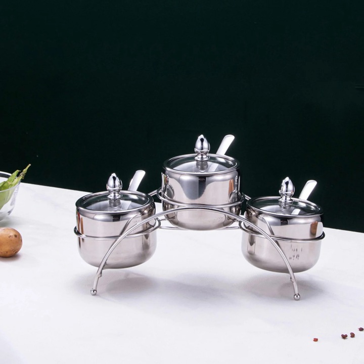 Set 3 recipiente condimente inox 304, suport pod, linguri, argintiu, 30x15x10cm