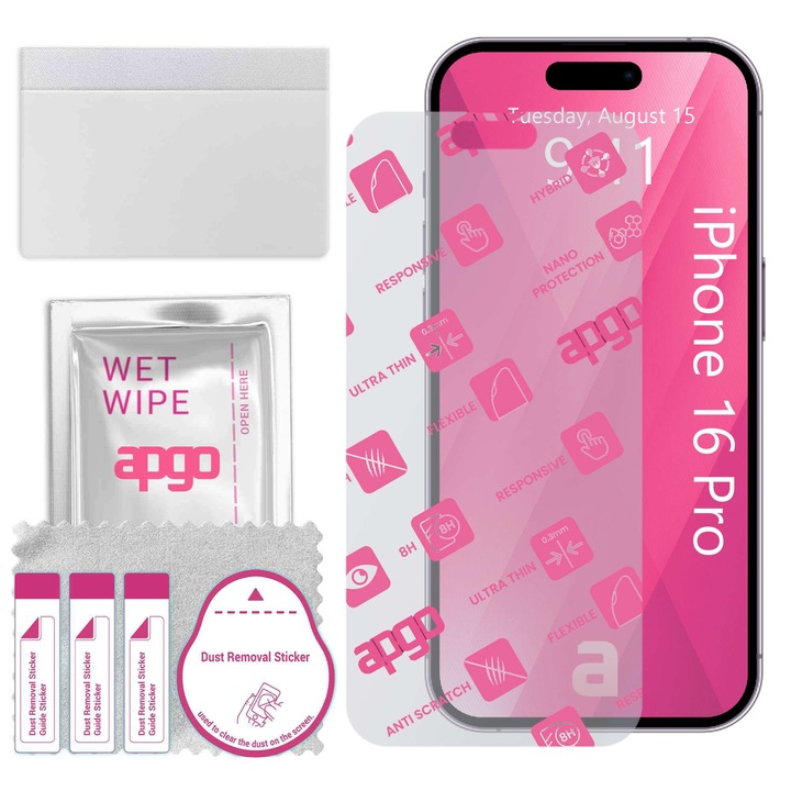 Sticla de protectie apgo pentru Apple iPhone 16 Pro – sticla hibrida, securizata pentru display, lucioasa, flexible Hybrid Glass, full glue
