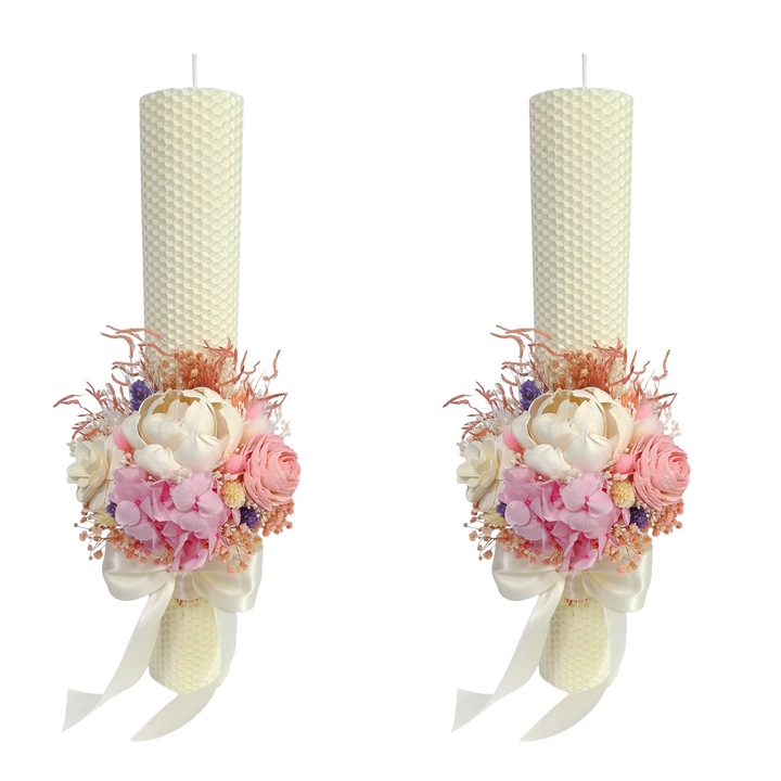 Lumanari nunta/cununie din ceara naturala, decorate cu flori ming, hortensie criogenata si flori naturale uscate si criogenate, H35/D5 cm, Ivory