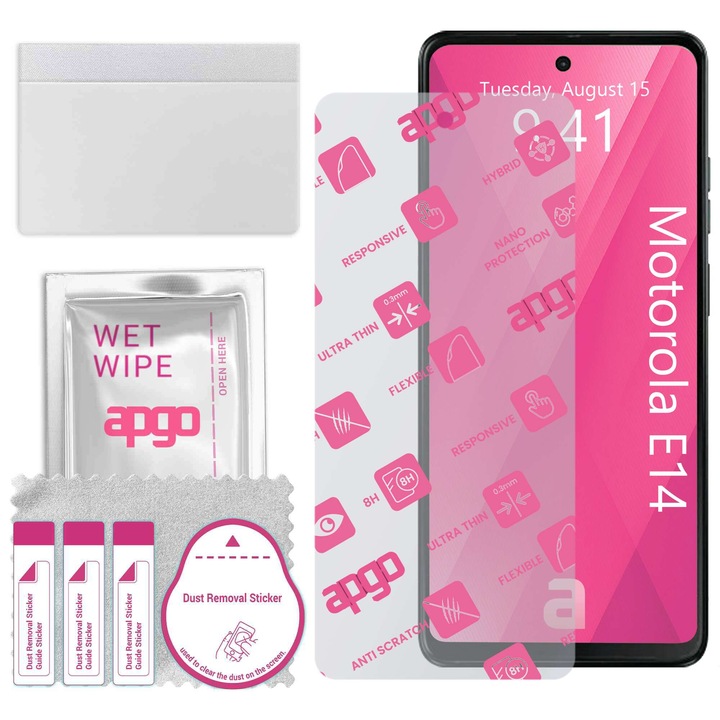 apgo védőüveg Motorola Moto E14-hez – hibrid üveg, képernyővédő, fényes, rugalmas hibrid üveg, teljes ragasztóval