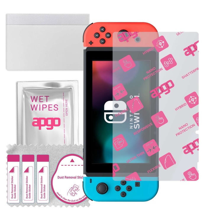 Sticla de protectie apgo pentru Nintendo Switch – sticla hibrida, securizata pentru display, lucioasa, flexible Hybrid Glass, full glue