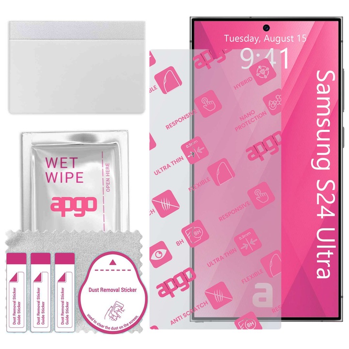 Sticla de protectie apgo pentru Samsung Galaxy S24 Ultra – sticla hibrida, securizata pentru display, lucioasa, flexible Hybrid Glass, full glue