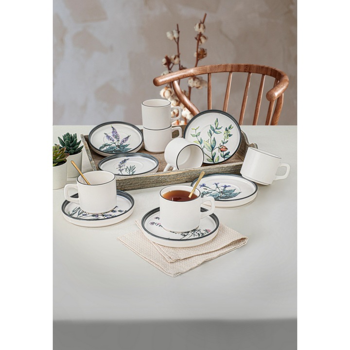 Set cani din ceramica, Hermia Concept, 6 cani, 6 farfurii, rezistente la socuri termice, sigure pentru microunde, multicolor