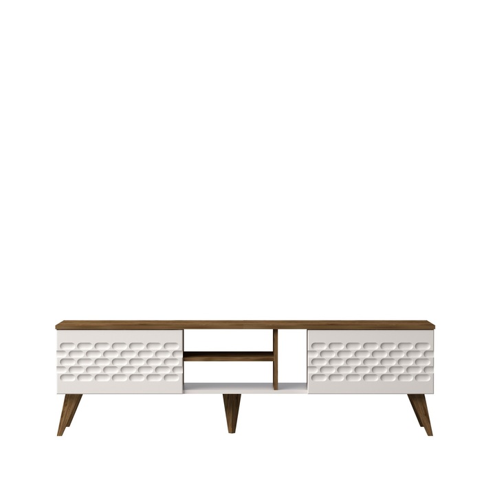 Comoda TV Woody Fashion 180x53x35cm, melamina alba cu rafturi multiple