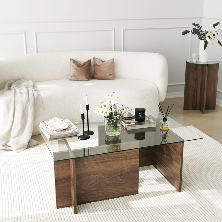 Masa de cafea, Woody Fashion, 105x40x65cm, sticla securizata, placaj melaminat