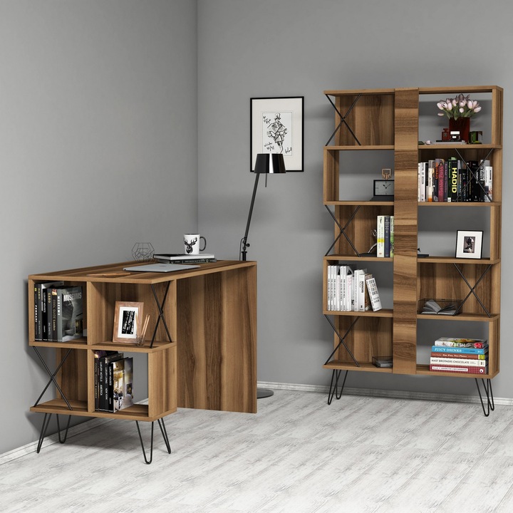 Birou de studiu si biblioteca Woody Fashion, melamina, 120x78.8x60cm si 90x167.3x22cm