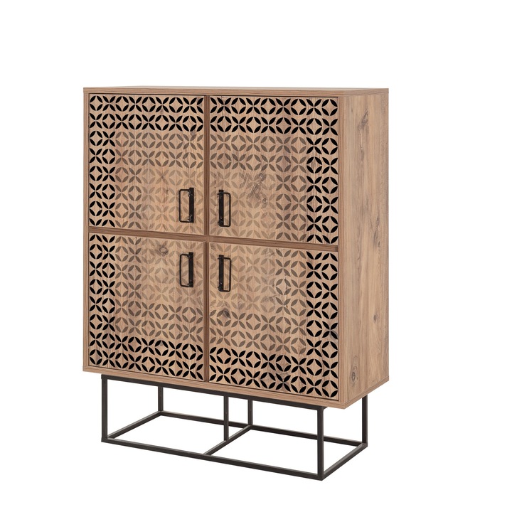 Dulap multifunctional, Woody Fashion, 93x115x36cm, 4 rafturi, cu manere metalice, picioare metalice, PAL