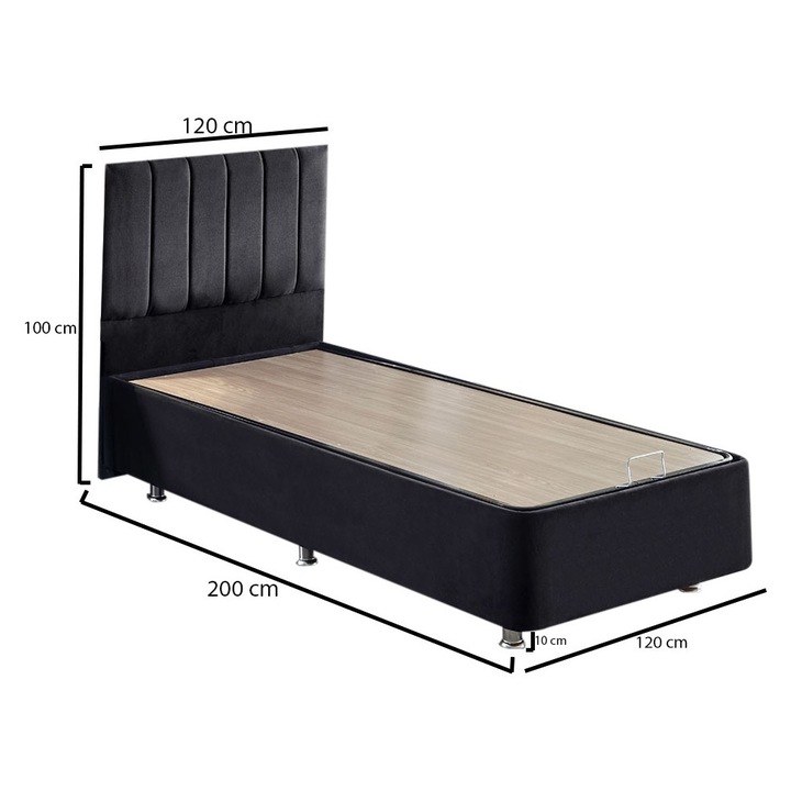 Pat single, Woody Fashion, 120x200x30 cm, Otel/MDF, set cu somiera, negru