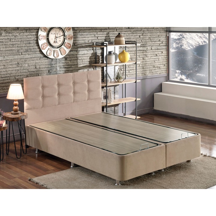 Cadru pat dublu cu tablie, Woody Fashion, 140x190cm, 6 picioare, otel