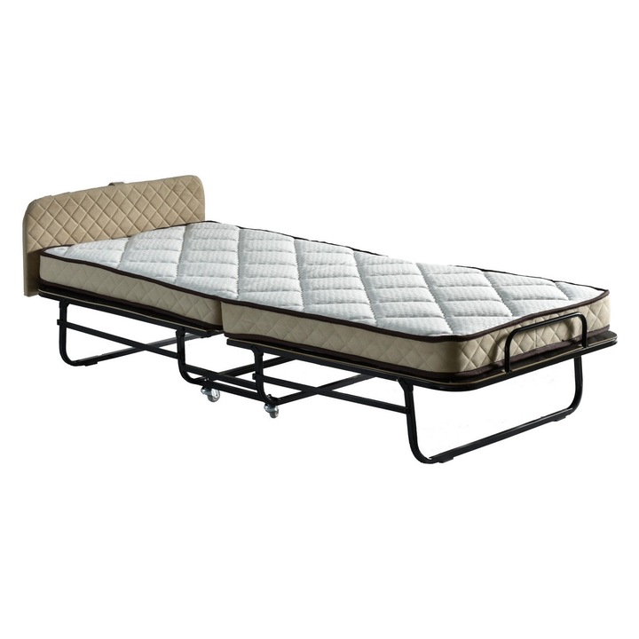 Pat pliant, Woody Fashion, 90x200cm, spuma ferma, tesatura jacquard, cu 4 suporturi, maro/bej/alb