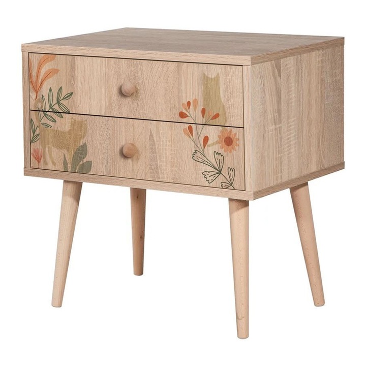 Noptiere Woody Fashion 1117, 100% melamina, picioare din lemn, 60x61x40cm, multicolor