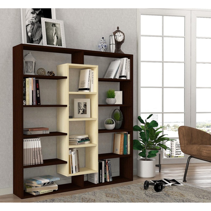 Biblioteca, Woody Fashion, 125x135,7x22cm, 18mm, cu multe rafturi PAL, maro/crem