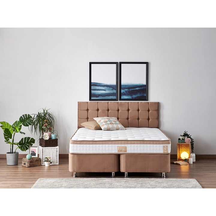 Pat cu saltea dubla cu baza si tablie, Woody Fashion, 180x200cm, tesatura soho, sistem cu arcuri multiple, alb/maro