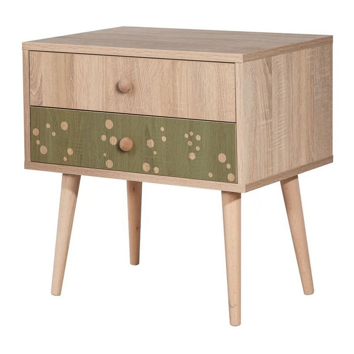 Noptiere, Woody Fashion, 60x40x61cm, cu picioare din lemn, imprimare digitala, cu rafturi multiple