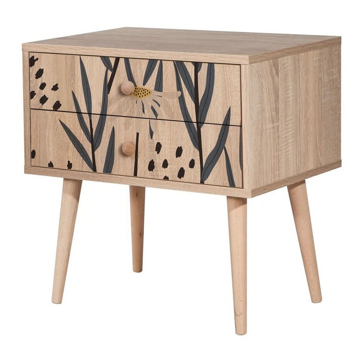 Noptiere, Woody Fashion, 60x61x40cm, cu picioare din lemn, imprimare digitala