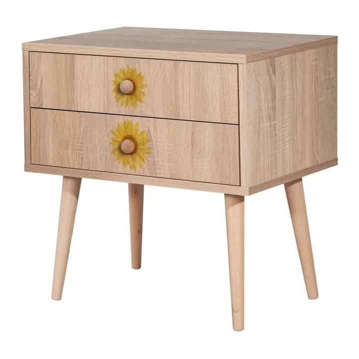 Noptiere, Woody Fashion, 60x40x61cm, cu picioare din lemn, imprimare digitala, numeroase rafturi