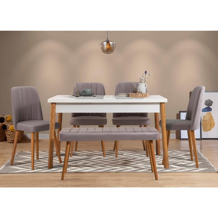Set mobilier dining Woody Fashion, 6 piese, 4 scaune, 1 bancuta, 1 masa, melaminat, picioare lemn, 120x75x75cm