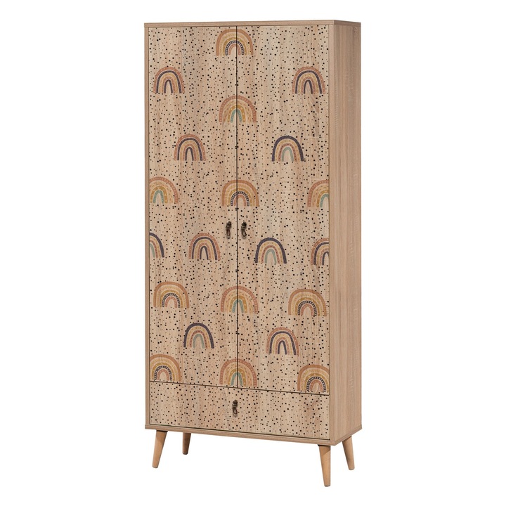 Sifonier Woody Fashion, 80x190x45cm, cu picioare din lemn, imprimare digitala, multe rafturi, fixare pe perete